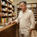 Homme examinant des paquets de cigarettes dans un estanco espagnol, boutique de tabac traditionnelle en Espagne