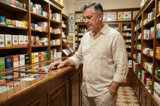 Homme examinant des paquets de cigarettes dans un estanco espagnol, boutique de tabac traditionnelle en Espagne