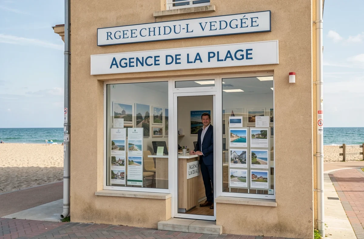 Façade de l'Agence De La Plage en Vendée avec son environnement côtier et son conseiller immobilier au bureau