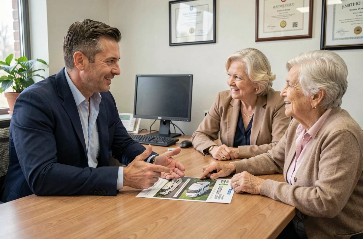 Agent d'assurance présentant les garanties d'un contrat camping-car Icare à un couple de retraités