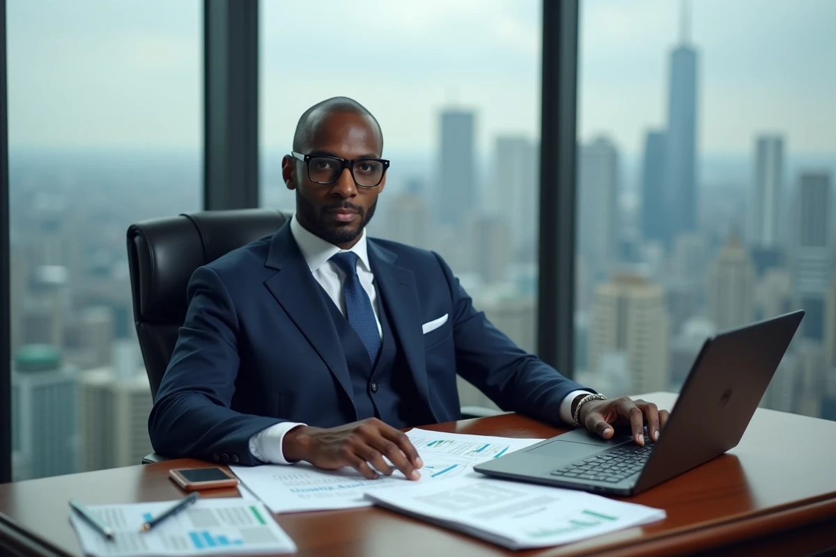 Dirigeant financier africain assis à son bureau avec des documents et graphiques boursiers dans un bureau exécutif avec vue sur la ville