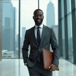 Homme d'affaires africain en costume sombre dans le hall d'un immeuble financier moderne, illustrant la réussite dans la finance mondiale