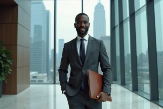 Homme d'affaires africain en costume sombre dans le hall d'un immeuble financier moderne, illustrant la réussite dans la finance mondiale