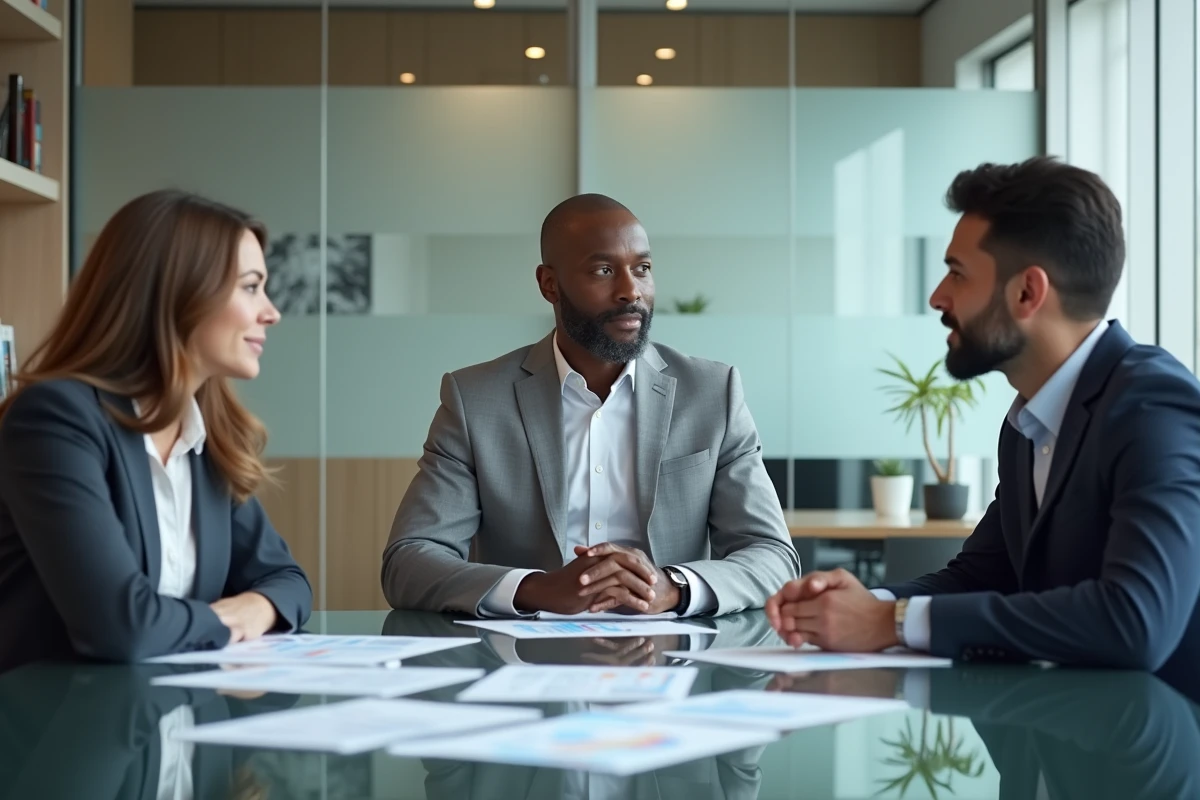 Réunion d'affaires dans une salle de conférence moderne, illustrant la stratégie financière et le leadership dans la finance internationale