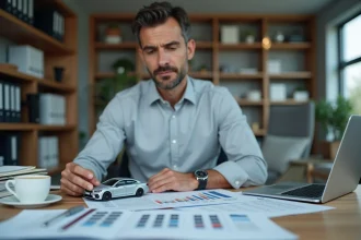 Comptable analysant les documents de calcul d'amortissement non déductible pour un véhicule de tourisme à usage mixte dans un bureau professionnel