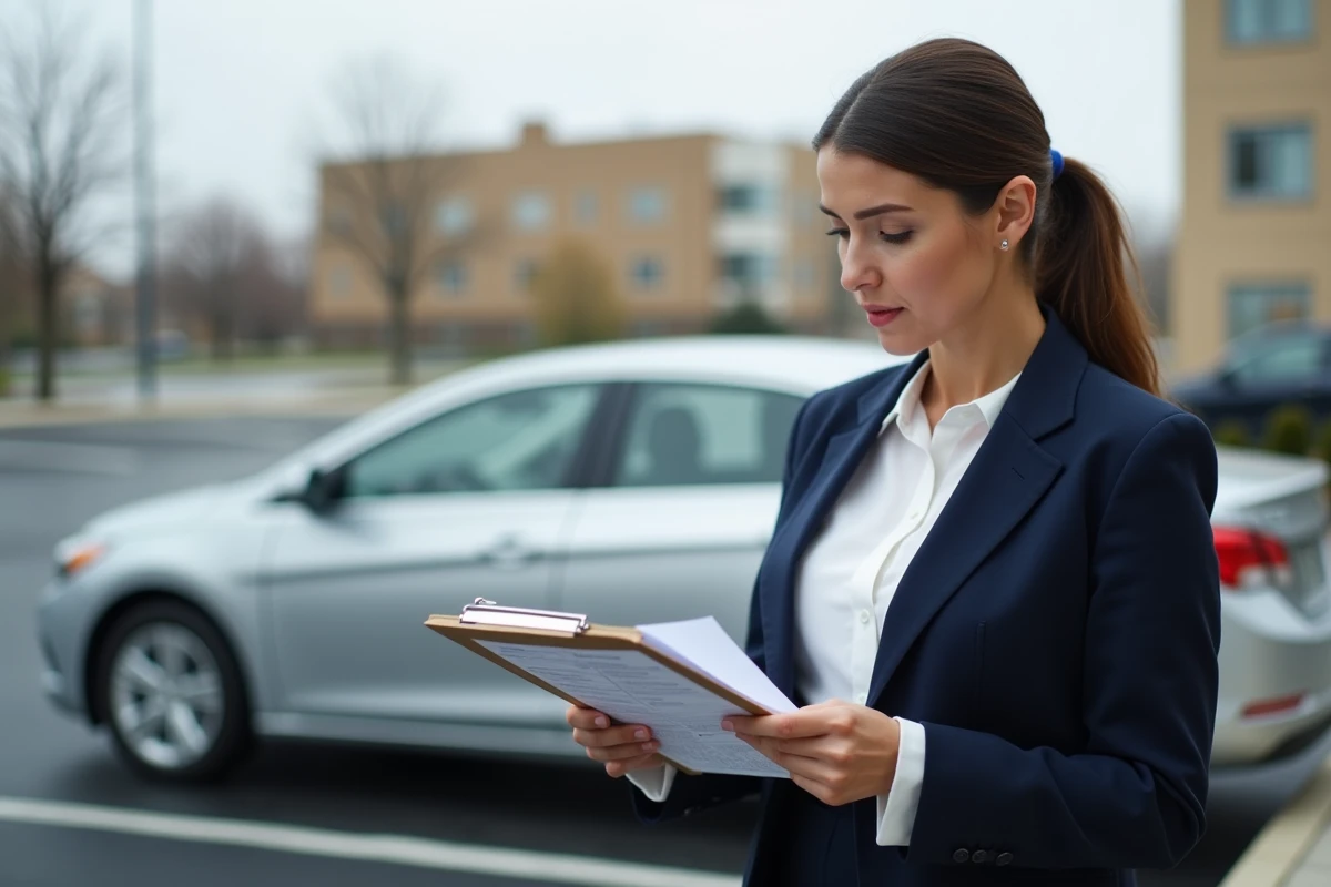 Chef d'entreprise tenant des documents fiscaux d'amortissement à côté d'un véhicule de tourisme dans un parking professionnel