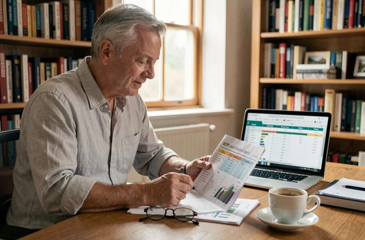 Investisseur particulier analysant les performances de SCPI proposées via une assurance vie depuis son bureau à domicile