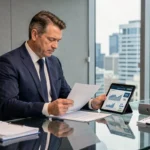 Homme d'affaires analysant des documents financiers et graphiques liés au taux d'occupation d'une SCPI dans un bureau moderne