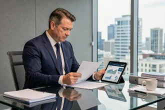Homme d'affaires analysant des documents financiers et graphiques liés au taux d'occupation d'une SCPI dans un bureau moderne