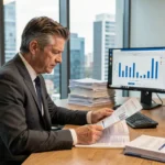 Analyste financier examinant des documents de capitalisation SCPI dans un bureau moderne avec vue sur la ville