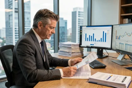 Analyste financier examinant des documents de capitalisation SCPI dans un bureau moderne avec vue sur la ville
