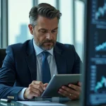 Analyste financier en costume bleu dans un bureau moderne