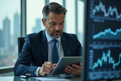 Analyste financier en costume bleu dans un bureau moderne