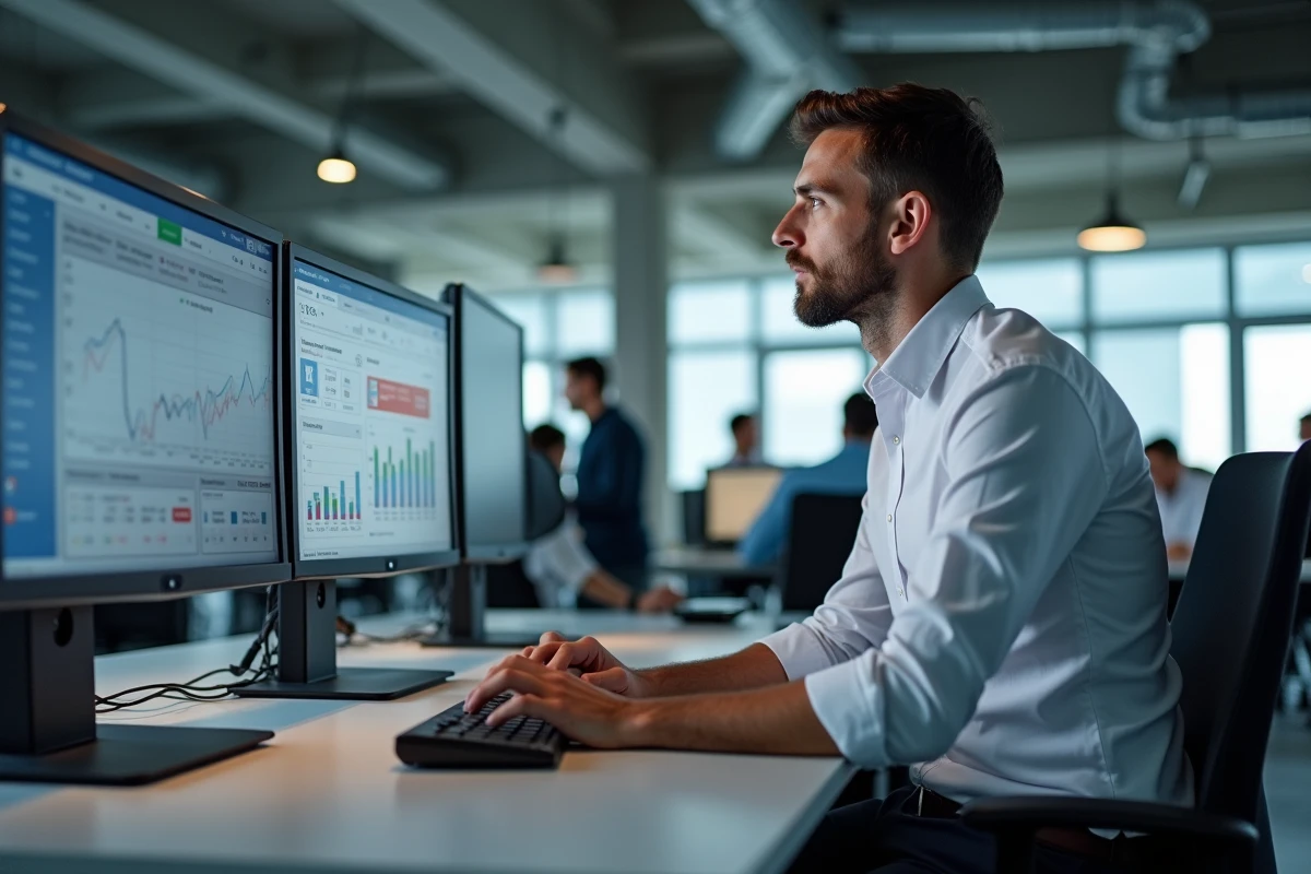 Analyste financier consultant des tableaux de bord de trésorerie sur plusieurs écrans dans un espace de travail moderne, représentant l'optimisation des flux financiers