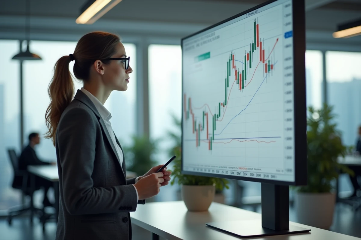 Analyste financière debout devant un grand écran affichant un pattern double bottom en bureau open-space moderne