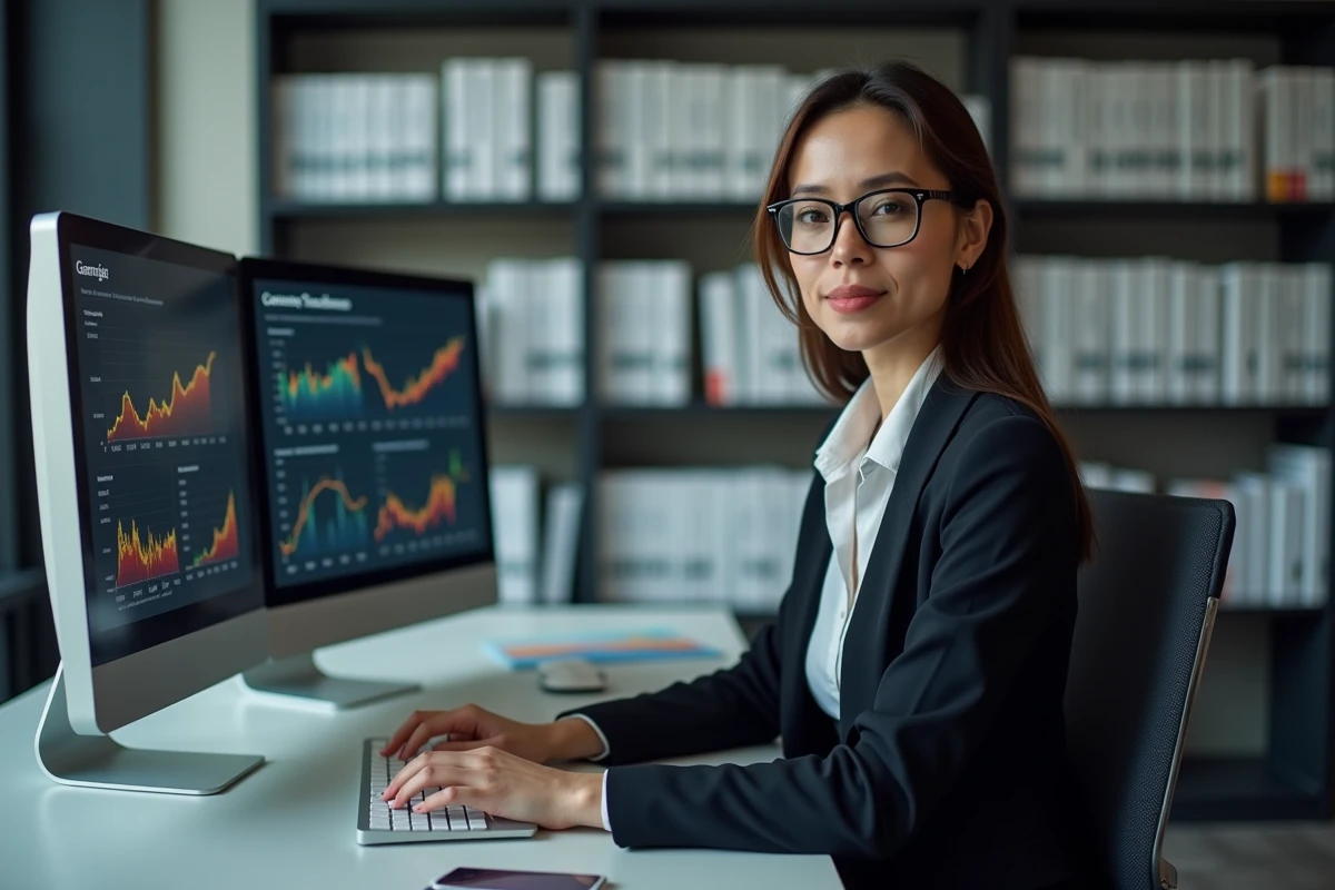 Analyste financière étudiant les prévisions de croissance économique mondiale sur des écrans de travail