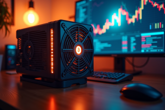 Antminer S19 Pro en fonctionnement avec symboles crypto