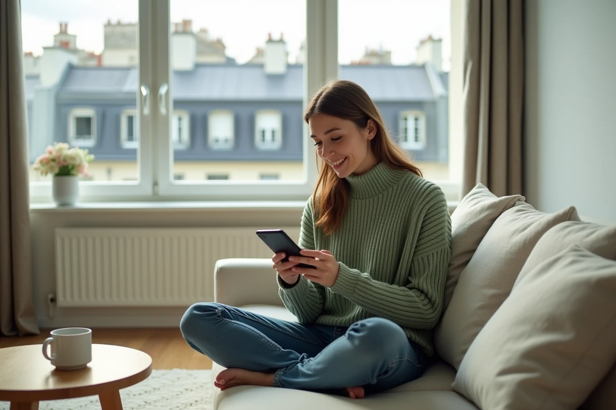 Jeune femme gérant ses comptes Cyberplus Rives de Paris sur smartphone depuis son salon avec vue sur les toits parisiens