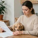 Femme consultant des documents d'assurance pour son chien golden retriever assis à une table en bois dans une cuisine chaleureuse