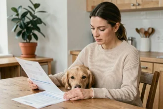 Femme consultant des documents d'assurance pour son chien golden retriever assis à une table en bois dans une cuisine chaleureuse