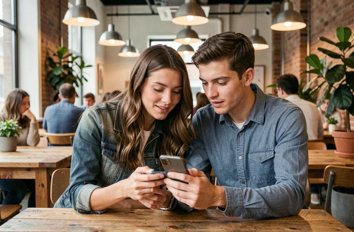 Couple consultant les avis clients HSBC sur smartphone avant d'ouvrir un compte