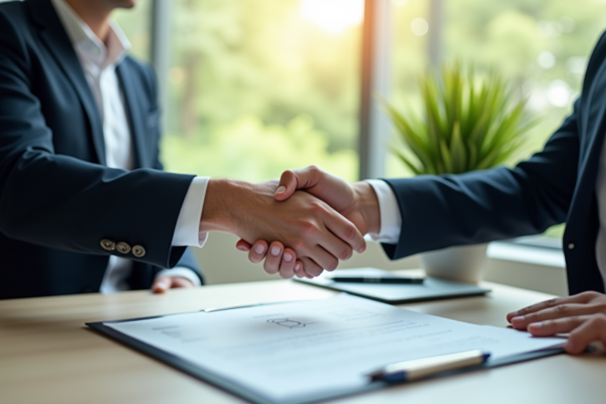 Banquier et client signant un contrat de prêt dans un bureau lumineux