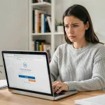 Femme inquiète devant un écran affichant un message d'erreur de connexion à son espace client bancaire en ligne