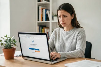 Femme inquiète devant un écran affichant un message d'erreur de connexion à son espace client bancaire en ligne