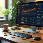 Bureau moderne avec ordinateur affichant un tableau de minage bitcoin