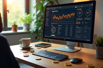 Bureau moderne avec ordinateur affichant un tableau de minage bitcoin