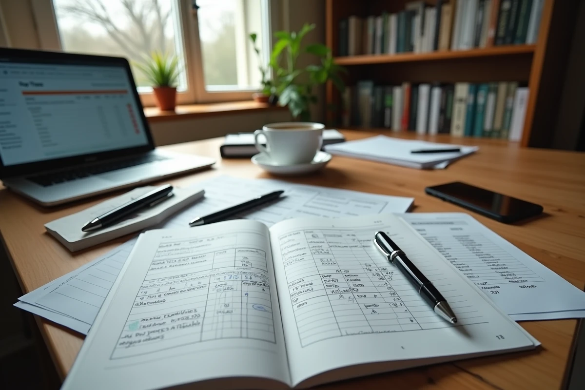 Bureau d'un chef d'entreprise avec documents fiscaux et tableau de trésorerie illustrant les conséquences d'un acompte IS manqué