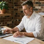 Homme professionnel calculant la rentabilité locative sur un ordinateur portable dans un bureau moderne