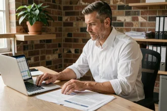 Homme professionnel calculant la rentabilité locative sur un ordinateur portable dans un bureau moderne