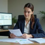 Femme cadre analysant ses fiches de salaire et calculs brut en net dans un bureau moderne en 2026