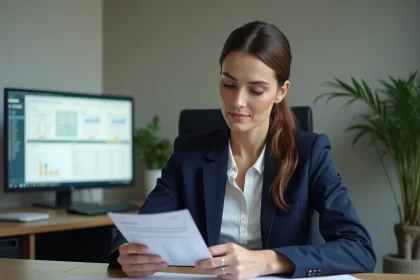 Femme cadre analysant ses fiches de salaire et calculs brut en net dans un bureau moderne en 2026