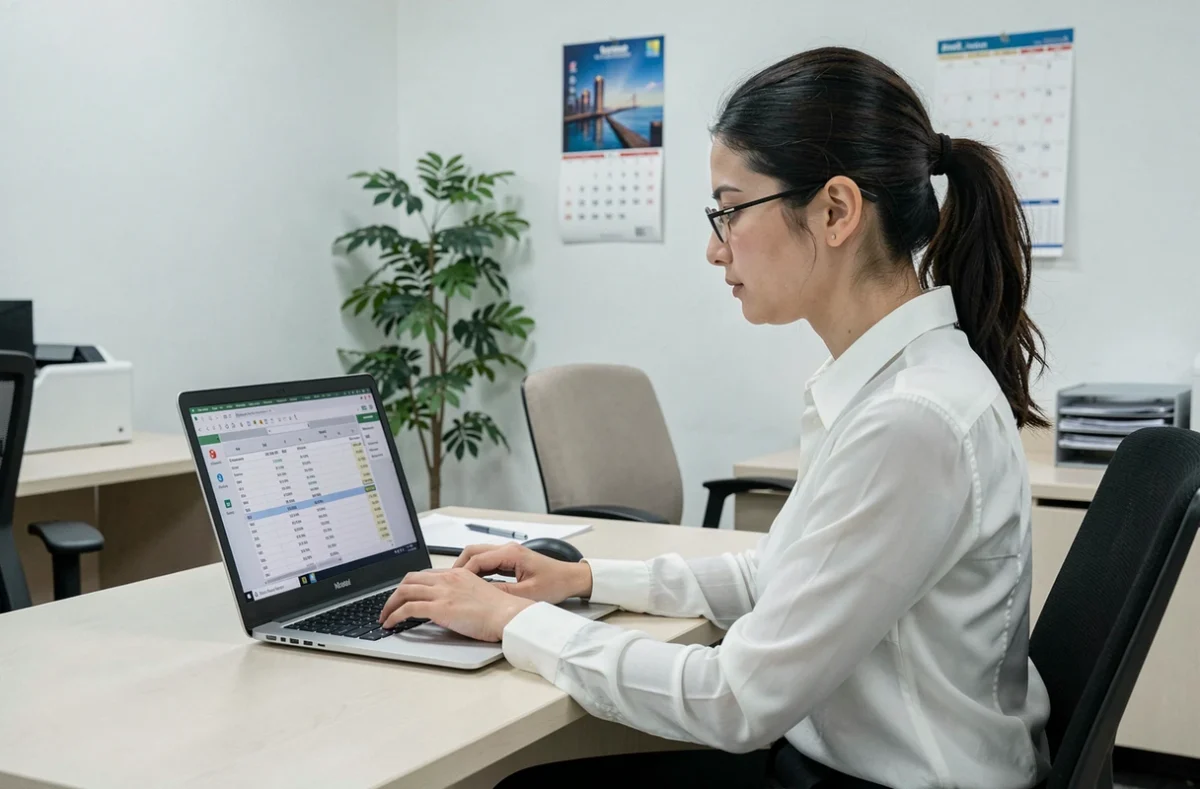 Jeune femme calculant un taux horaire Smic sur ordinateur dans un bureau administratif en 2026