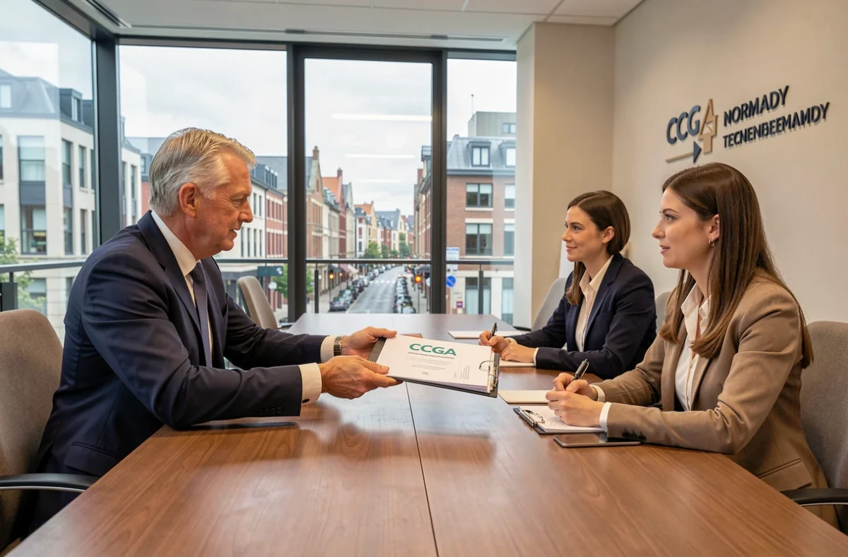 Courtier CCGA Normandie du groupe Sergic présentant une offre d'assurance emprunteur en salle de réunion