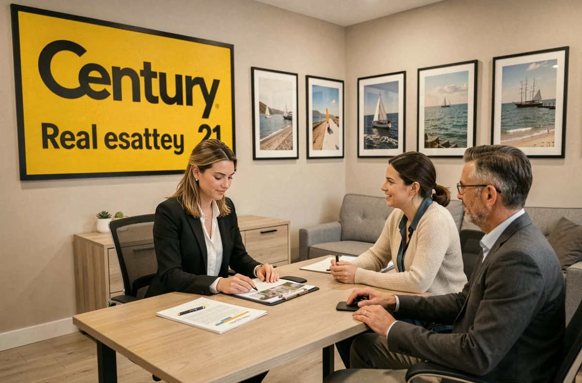 Bureau de l'agence Century 21 Bleu Marine en Vendée avec une conseillère immobilière accompagnant des clients