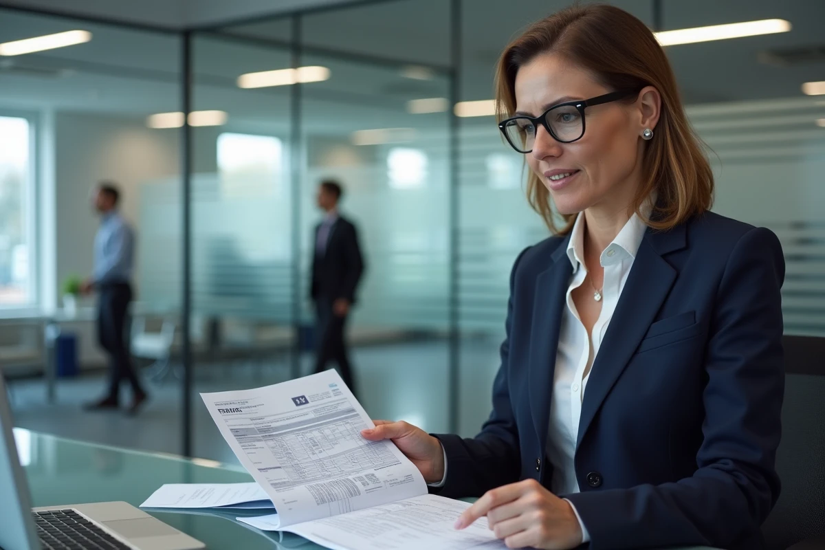 Femme en blazer marine consultant le cerfa 3916 bis imprimé dans un bureau professionnel