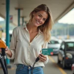 Femme utilisant un Chèque Vacances ANCV pour payer le carburant à une station-service autoroutière avant un départ en vacances