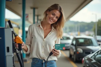 Femme utilisant un Chèque Vacances ANCV pour payer le carburant à une station-service autoroutière avant un départ en vacances