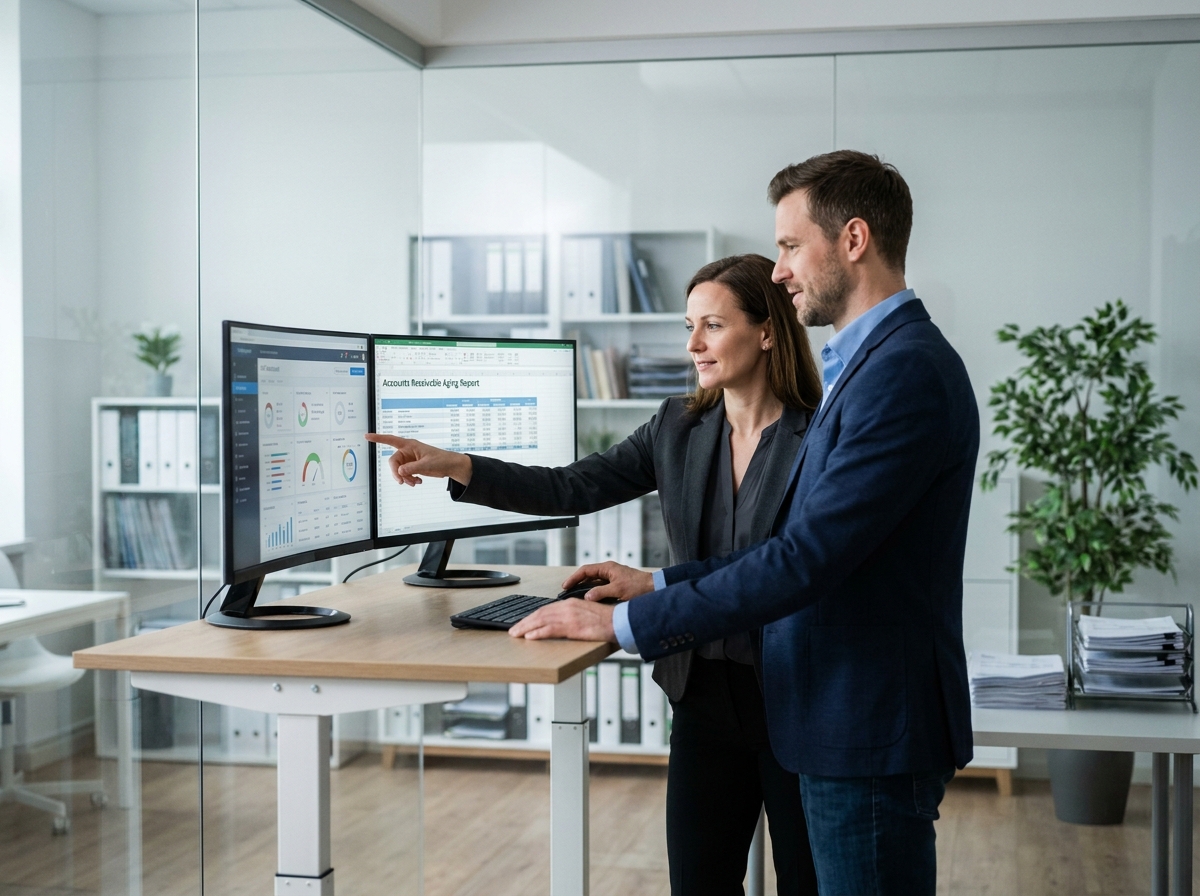 Responsable commercial et comptable analysant ensemble un tableau de bord de relances clients sur un poste de travail