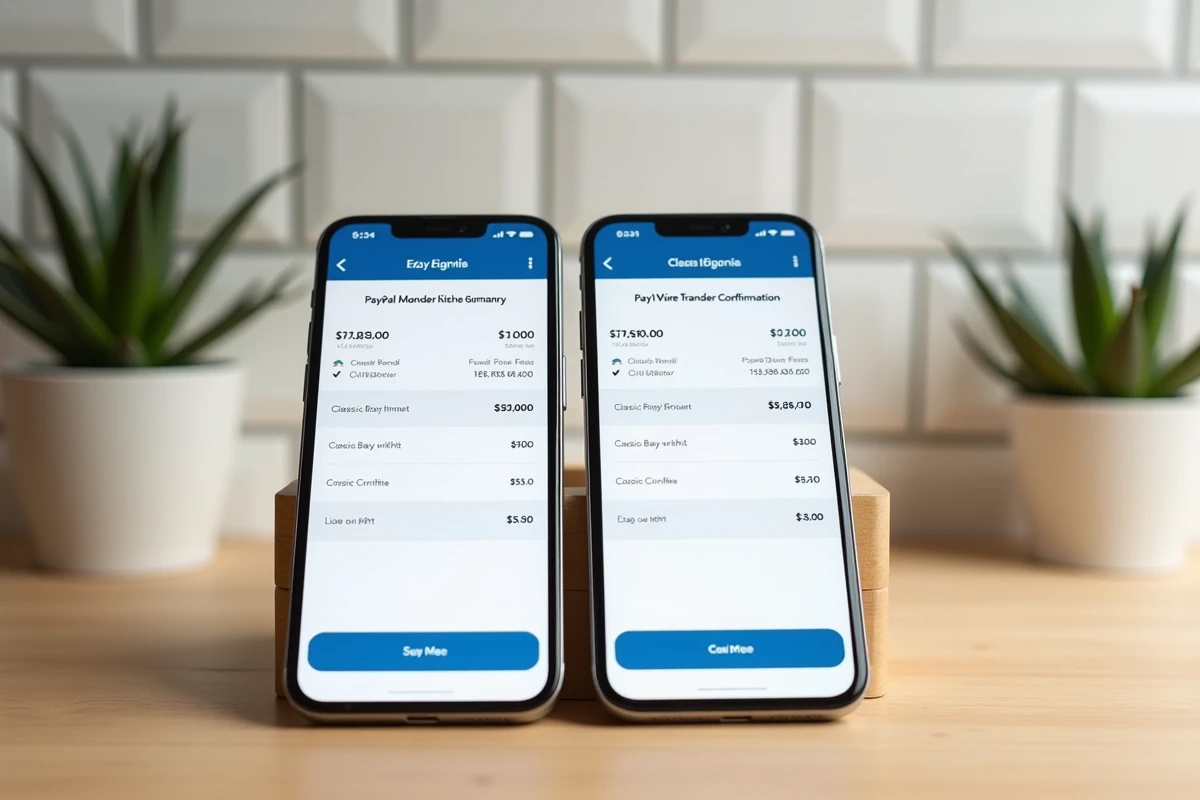 Comparaison des frais de virement PayPal et virement bancaire affichés sur deux smartphones côte à côte