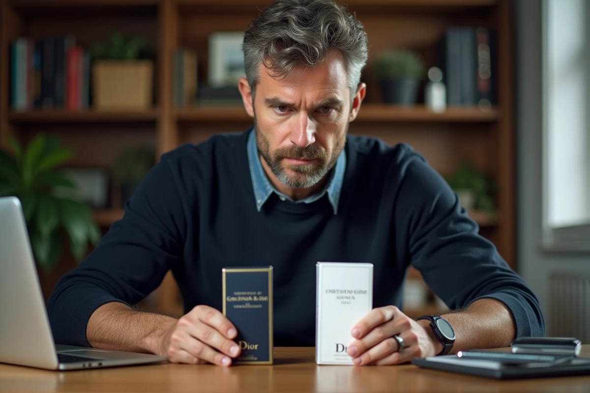 Homme comparant deux boîtes de parfum Christian Dior pour détecter une contrefaçon sur son bureau à domicile
