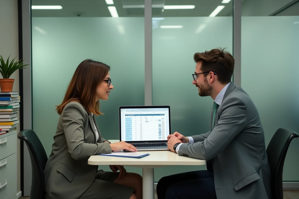 Deux enseignants comparant les grilles de salaires titulaires et contractuels sur un ordinateur portable dans un bureau administratif