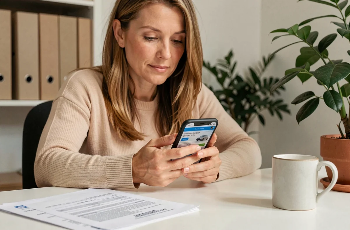 Femme comparant des offres d'assurance en ligne sur smartphone pour changer l'assurance de son crédit