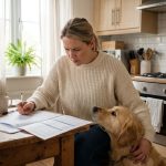 Femme comparant des offres d'assurance animaux pour son chien golden retriever à la maison