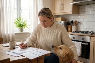 Femme comparant des offres d'assurance animaux pour son chien golden retriever à la maison