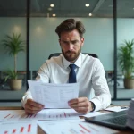 Comptable inquiet consultant des documents financiers liés à un acompte IS en retard dans un bureau d'entreprise