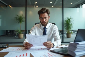 Comptable inquiet consultant des documents financiers liés à un acompte IS en retard dans un bureau d'entreprise